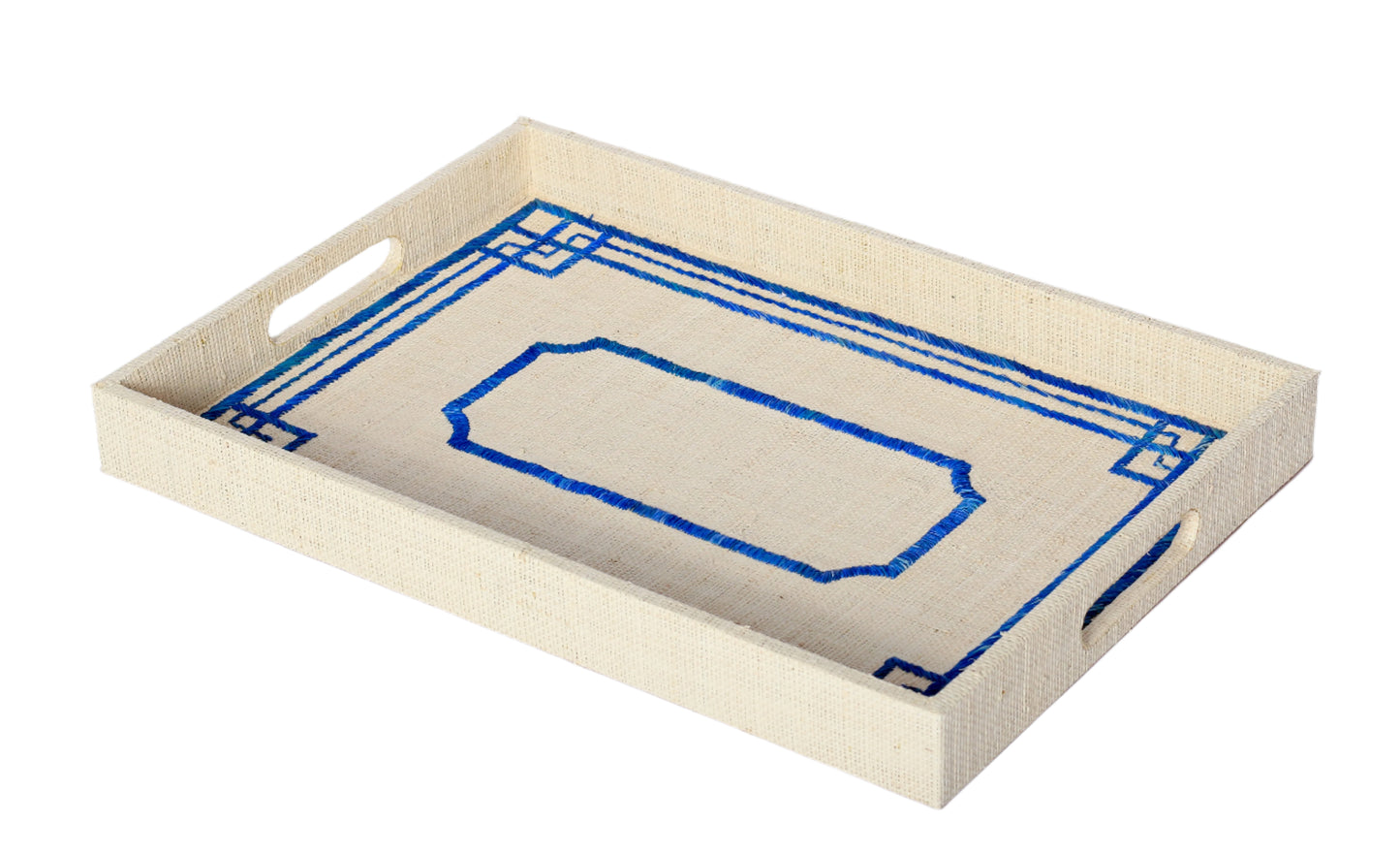 Elevate your home decor with Penelope Chinois Border Embroidered Trays made from eco-friendly raffia. Featuring elegant embroidery, these versatile trays serve as both functional and stylish accents for organizing or serving.