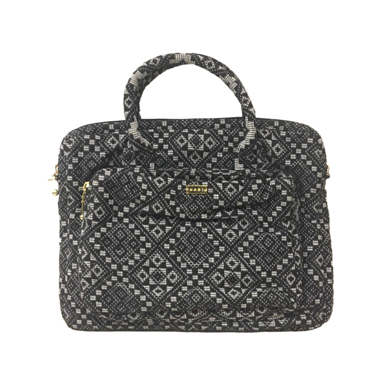 Dani Inabel Black Diamond Laptop Bag, handwoven from Abel Iloco fabric in the Philippines, showcasing intricate geometric patterns inspired by nature. This eco-friendly laptop bag blends traditional craftsmanship and functionality, crafted by skilled Ilocos artisans using centuries-old weaving techniques. Made with 50% cotton and 50% polyester, the bag offers durability with a removable, adjustable cotton strap.