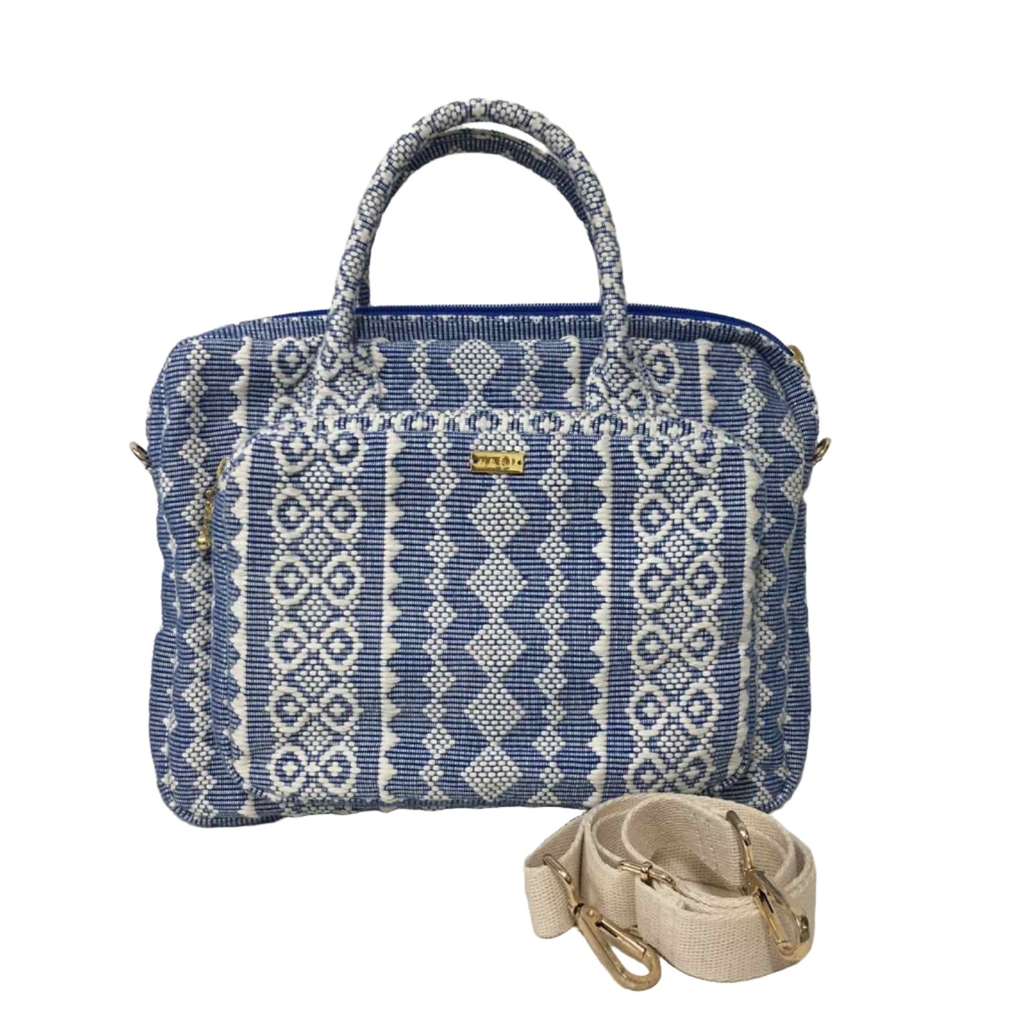 Dani Inabel Blue Ribbon Laptop Bag, handwoven from Abel Iloco fabric in the Philippines, showcasing intricate geometric patterns inspired by nature. This eco-friendly laptop bag blends traditional craftsmanship and functionality, crafted by skilled Ilocos artisans using centuries-old weaving techniques. Made with 50% cotton and 50% polyester, the bag offers durability with a removable, adjustable cotton strap.