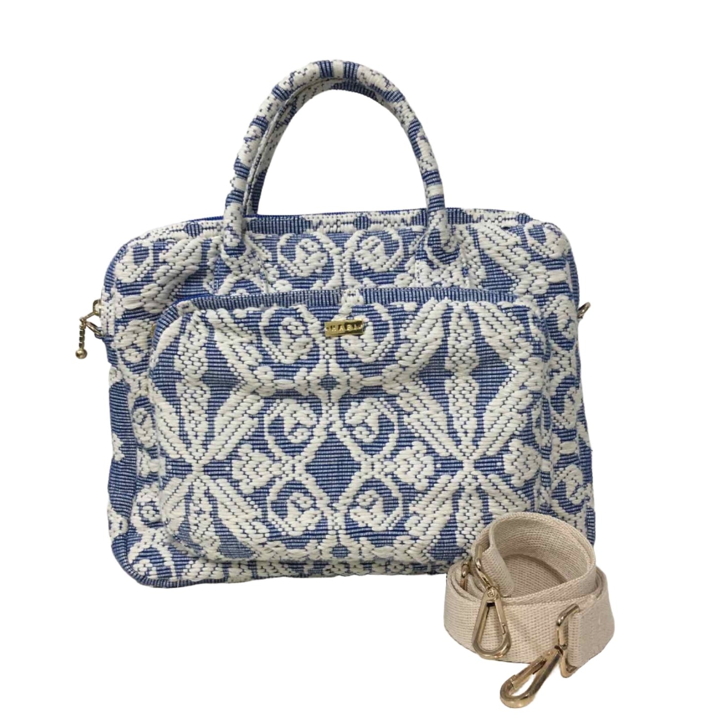 Dani Inabel Laptop Bag, handwoven from Abel Iloco fabric in the Philippines, showcasing intricate geometric patterns inspired by nature. This eco-friendly laptop bag blends traditional craftsmanship and functionality, crafted by skilled Ilocos artisans using centuries-old weaving techniques. Made with 50% cotton and 50% polyester, the bag offers durability with a removable, adjustable cotton strap.