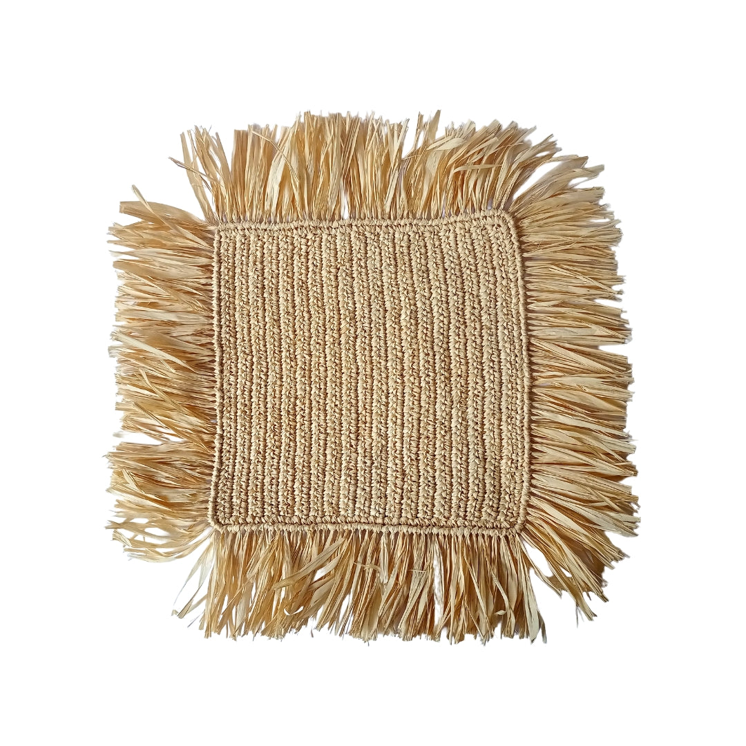 Weave Fringes Raffia Placemat, handwoven with 3.5" fringes, natural raffia material for an eco-friendly, rustic table setting.