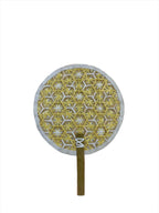 Faustina Yellow Festive Woven Hand Fan made from eco-friendly materials, featuring a vibrant design perfect for weddings and parties. This lightweight and practical fan provides a refreshing breeze while supporting sustainability, making it an ideal accessory for celebrations.