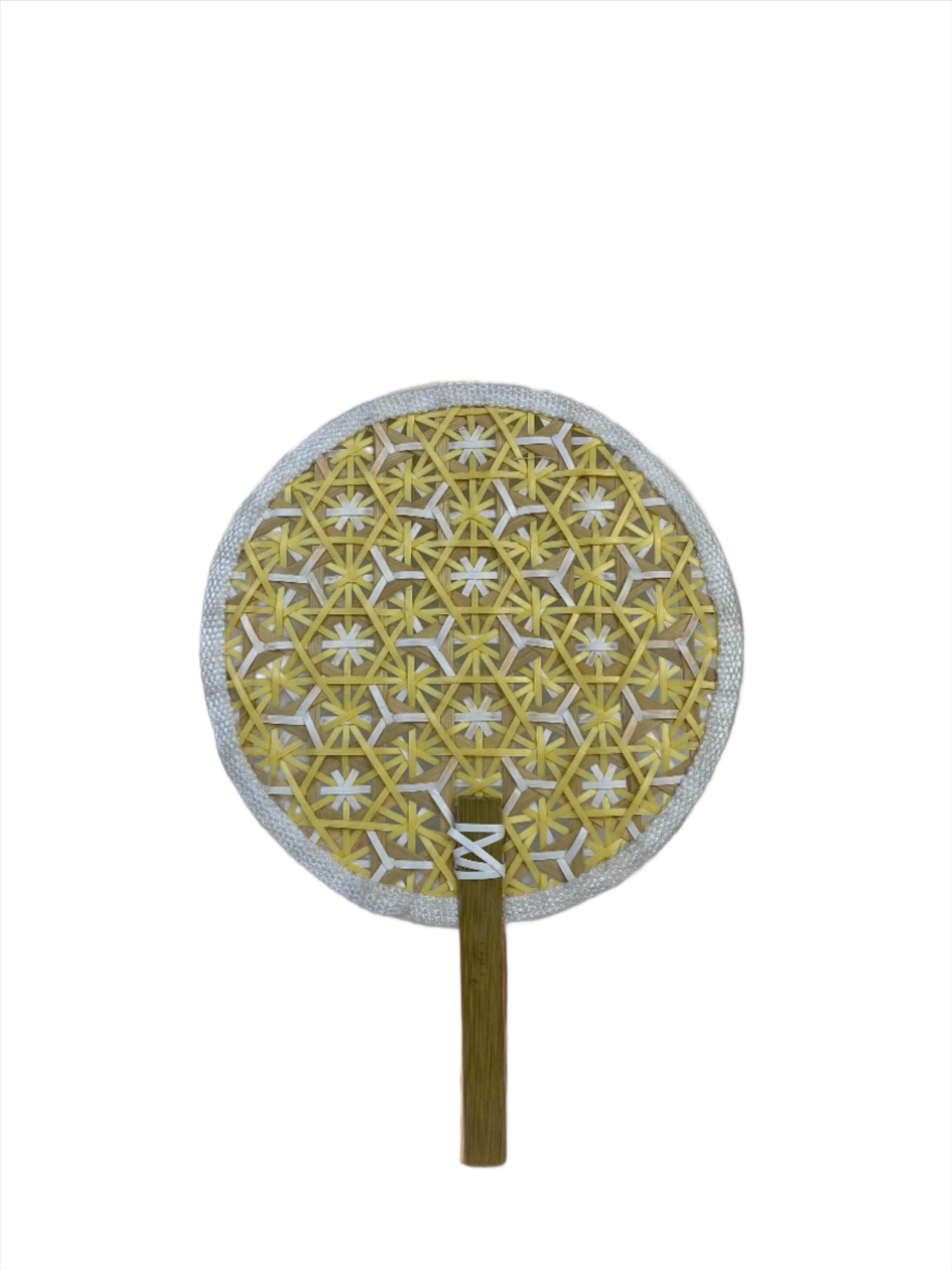 Faustina Yellow Festive Woven Hand Fan made from eco-friendly materials, featuring a vibrant design perfect for weddings and parties. This lightweight and practical fan provides a refreshing breeze while supporting sustainability, making it an ideal accessory for celebrations.