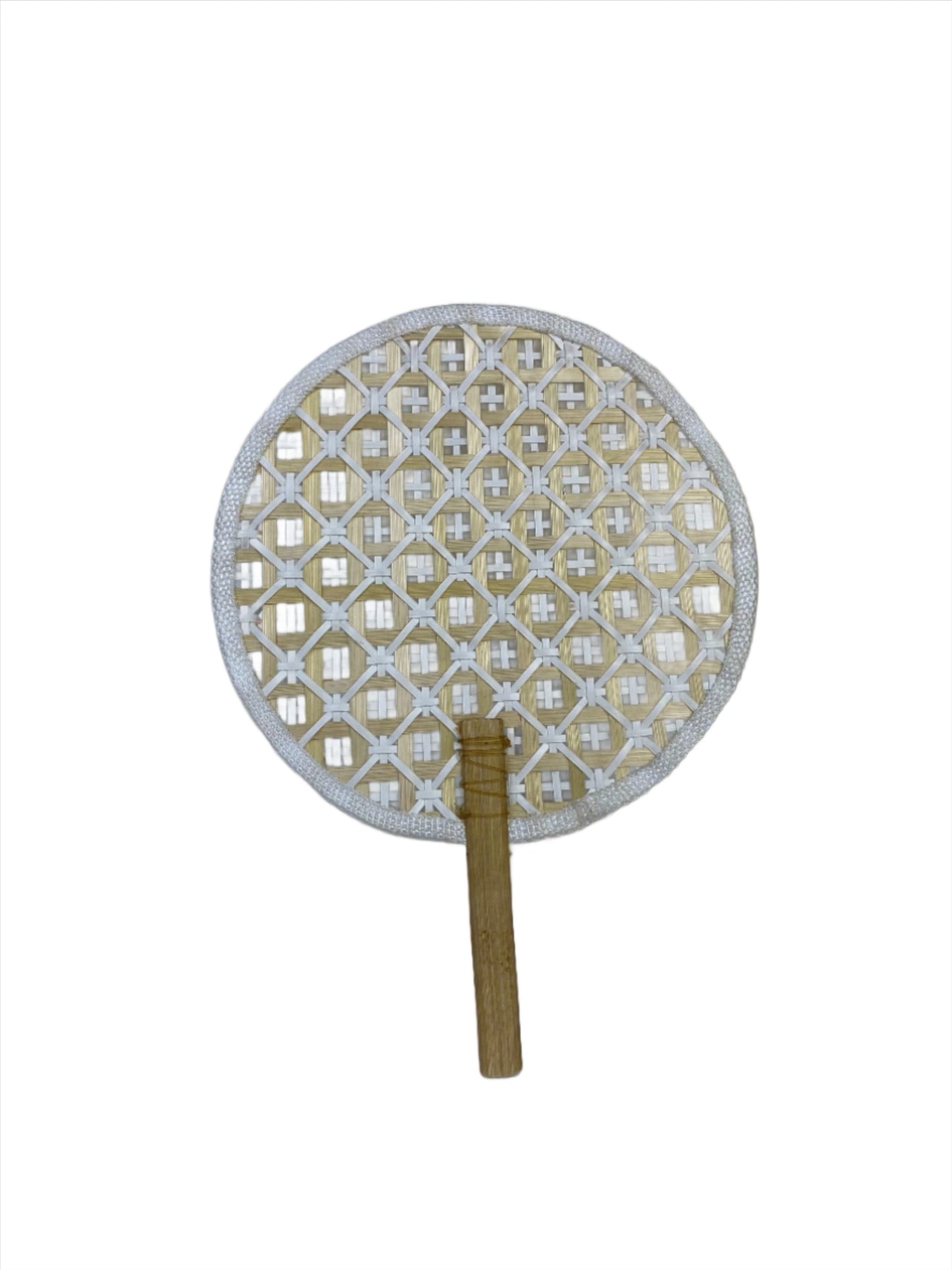 Faustina White Festive Woven Hand Fan made from eco-friendly materials, featuring a vibrant design perfect for weddings and parties. This lightweight and practical fan provides a refreshing breeze while supporting sustainability, making it an ideal accessory for celebrations.