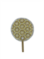 Faustina Yellow Festive Woven Hand Fan made from eco-friendly materials, featuring a vibrant design perfect for weddings and parties. This lightweight and practical fan provides a refreshing breeze while supporting sustainability, making it an ideal accessory for celebrations.