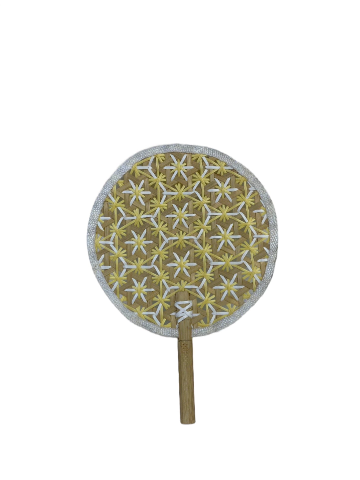 Faustina Yellow Festive Woven Hand Fan made from eco-friendly materials, featuring a vibrant design perfect for weddings and parties. This lightweight and practical fan provides a refreshing breeze while supporting sustainability, making it an ideal accessory for celebrations.