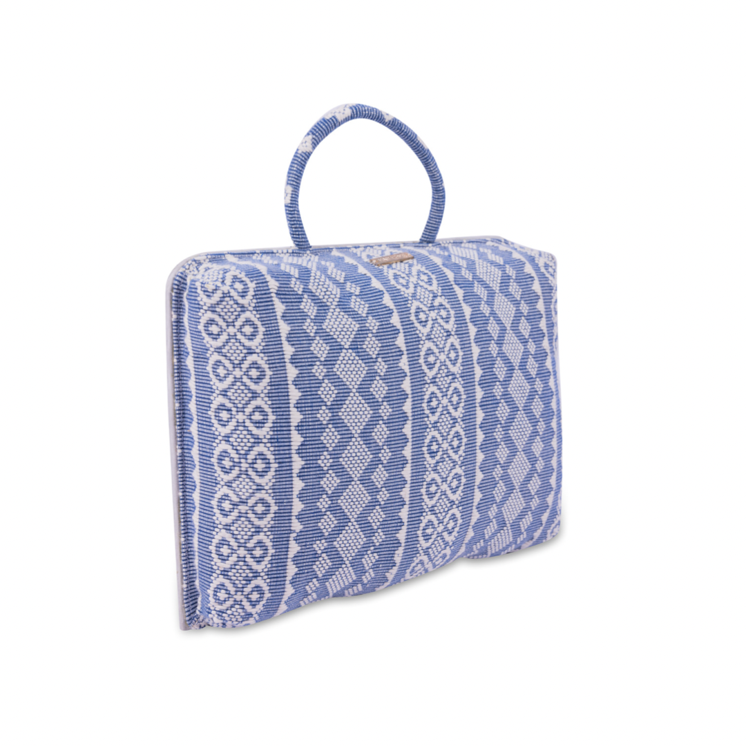 Handwoven Hazel Laptop Pillow Blue Ribbon made from Abel Iloco fabric, featuring geometric patterns inspired by nature, offering comfort and cultural heritage with a soft, durable design perfect for home or office use.