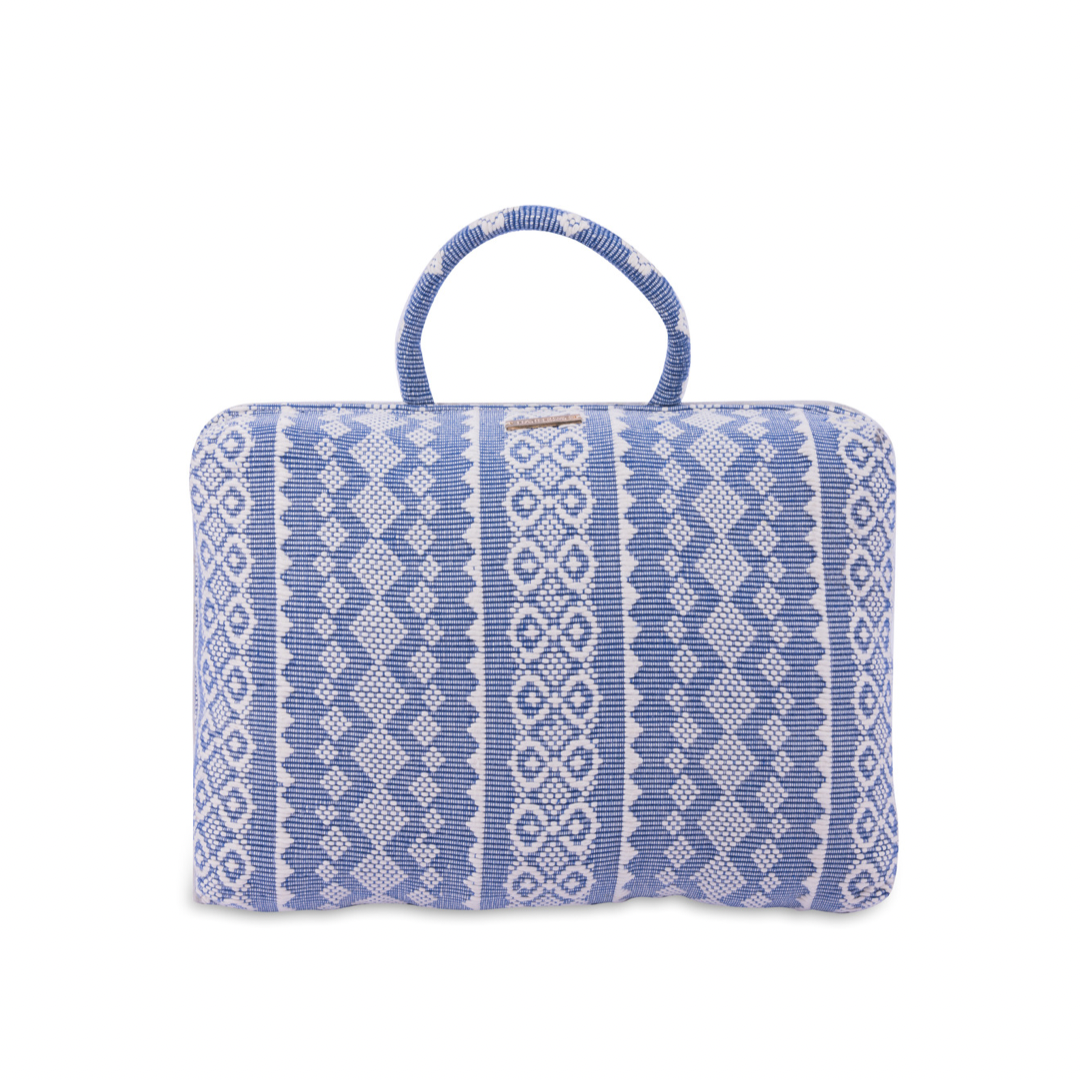 Handwoven Hazel Laptop Pillow Blue Ribbon made from Abel Iloco fabric, featuring geometric patterns inspired by nature, offering comfort and cultural heritage with a soft, durable design perfect for home or office use.