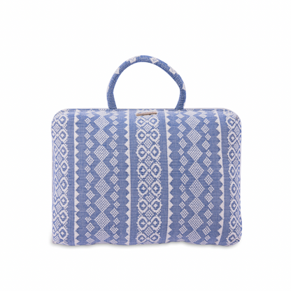 Handwoven Hazel Laptop Pillow Blue Ribbon made from Abel Iloco fabric, featuring geometric patterns inspired by nature, offering comfort and cultural heritage with a soft, durable design perfect for home or office use.