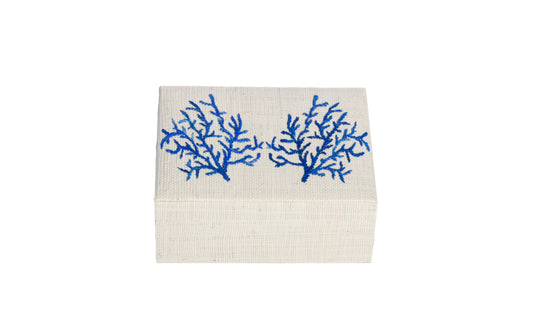 Store your jewelry in style with the Penelope Coral Blue Embroidery Jewelry Box. Made from eco-friendly materials and featuring intricate embroidery, this sustainable box combines function and elegance for your vanity or dresser.