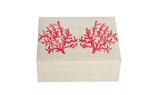 Store your jewelry in style with the Penelope Coral Red Embroidery Jewelry Box. Made from eco-friendly materials and featuring intricate embroidery, this sustainable box combines function and elegance for your vanity or dresser.