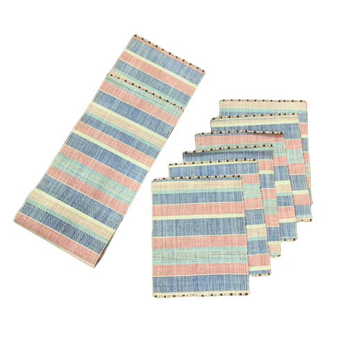 Abi Table Runner and Placemat Set of 6 in Multicolor, handcrafted from 100% natural plant fiber, featuring a vibrant and sustainable design.