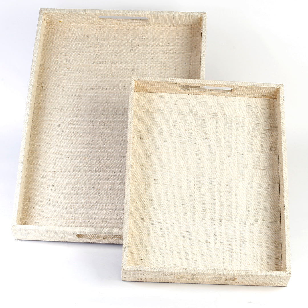 Adie Positively Simple Decorative Trays Set of 2 made from natural plant fibers, displayed on a table with decorative items, showcasing eco-friendly design and multi-purpose functionality for serving and organizing.