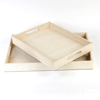 Adie Positively Simple Decorative Trays Set of 2 made from natural plant fibers, displayed on a table with decorative items, showcasing eco-friendly design and multi-purpose functionality for serving and organizing.