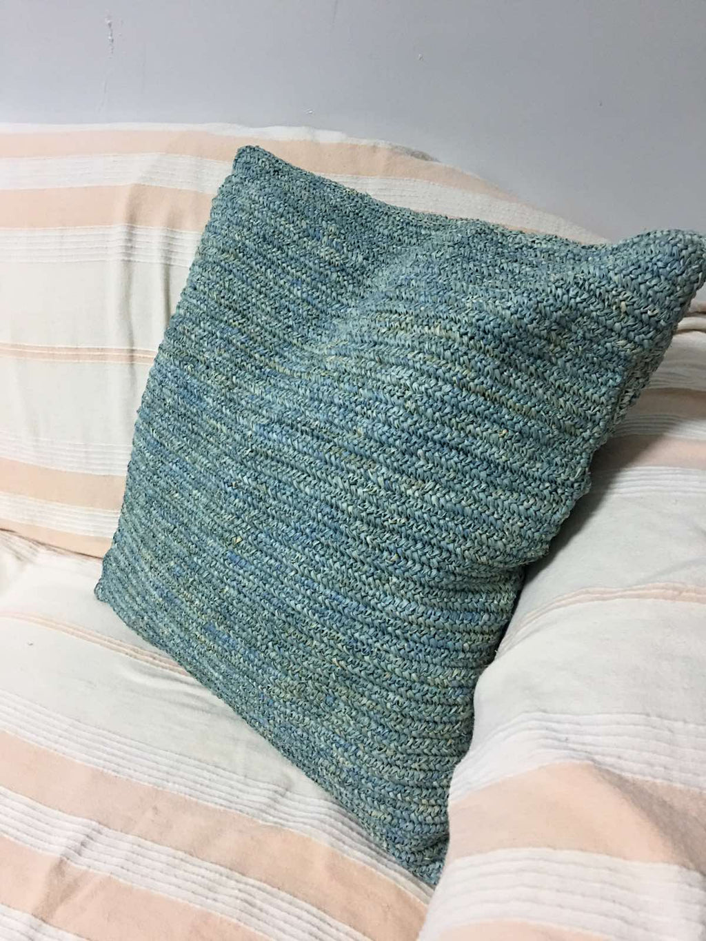 Hand-Crocheted Powder Blue Raffia Pillow Case - eco-friendly, artisan-crafted pillow covers in natural raffia, perfect for adding modern organic luxury to any living space.
