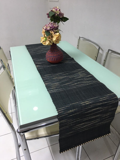 Abi Table Runner and Placemat Set of 6 in Black Ombre, handcrafted from 100% natural plant fiber, featuring a sleek and sustainable design.