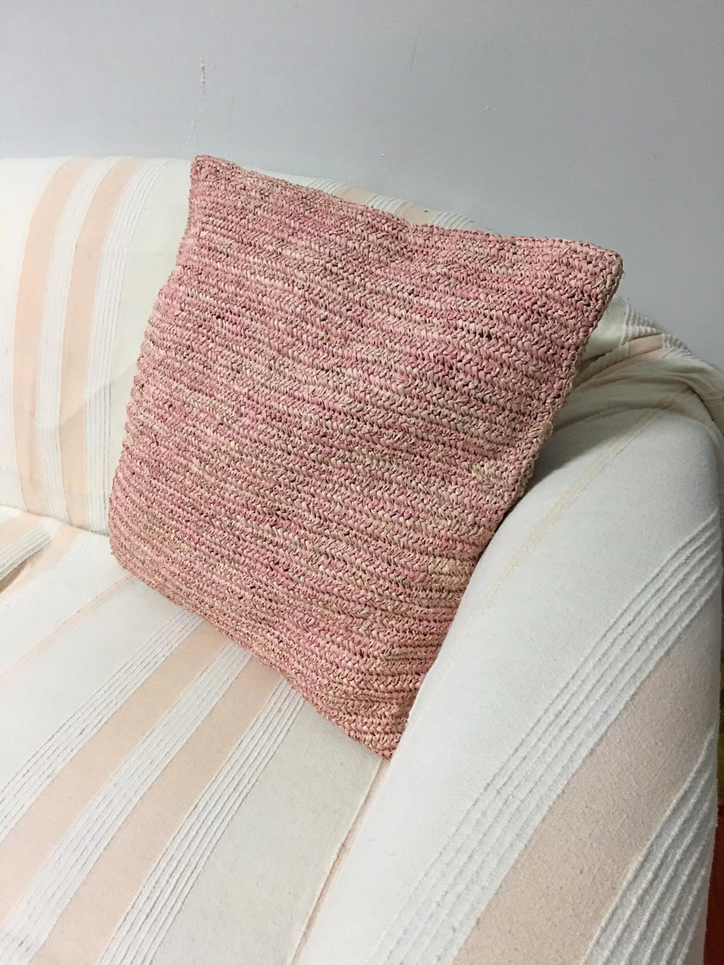 Hand-Crocheted Blush Pink Raffia Pillow Cases - eco-friendly, artisan-crafted pillow covers in natural raffia, perfect for adding modern organic luxury to any living space.