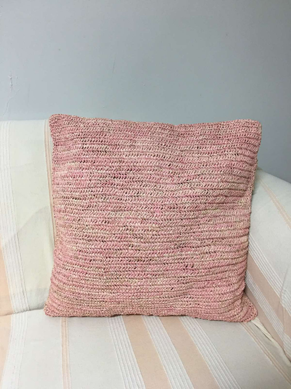 Hand-Crocheted Blush Pink Raffia Pillow Cases - eco-friendly, artisan-crafted pillow covers in natural raffia, perfect for adding modern organic luxury to any living space.