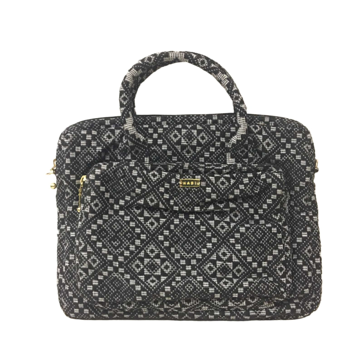 Dani Inabel Black Diamond Laptop Bag, handwoven from Abel Iloco fabric in the Philippines, showcasing intricate geometric patterns inspired by nature. This eco-friendly laptop bag blends traditional craftsmanship and functionality, crafted by skilled Ilocos artisans using centuries-old weaving techniques. Made with 50% cotton and 50% polyester, the bag offers durability with a removable, adjustable cotton strap. 