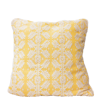 Dani Inabel Yellow Snowflake Pillowcase, crafted from traditional handwoven Abel Iloco fabric from the Philippines, featuring intricate geometric patterns inspired by nature, like stars, rivers, flowers, and fruits. This culturally significant pillowcase, woven on a pedal loom by skilled Ilocano artisans, adds heritage and elegance to any living space. Perfect for contemporary homes, it honors the rich storytelling tradition of the Ilocos region.