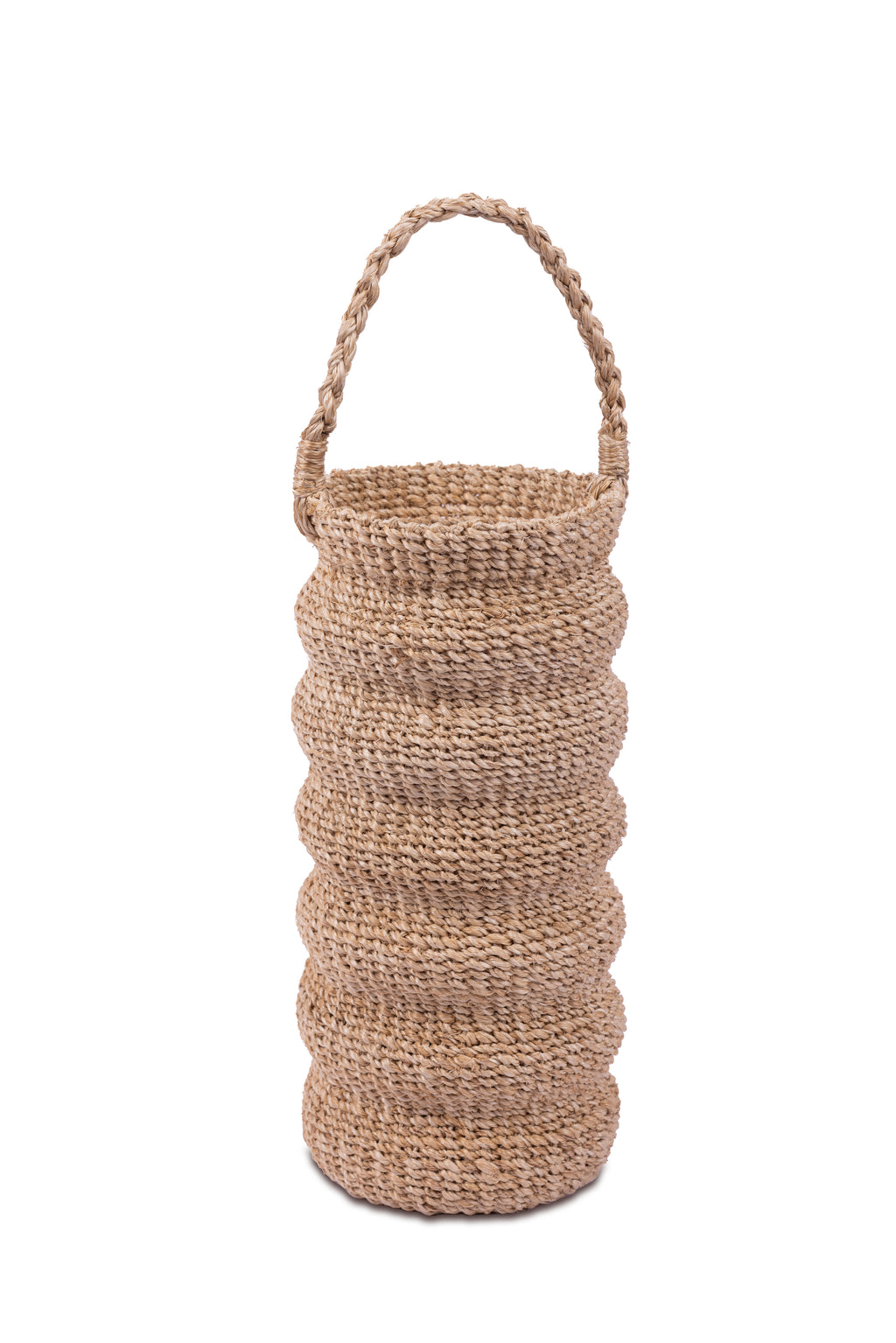 Handcrafted Demi Wine Bottle Carrier made from 100% natural plant fiber, designed to fit standard wine bottles and tall flasks. Eco-friendly wine carrier for gatherings, decor, or gifting, adding charm and sustainability to any setting.