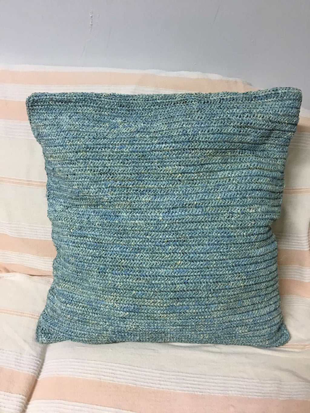 Hand-Crocheted Powder Blue Raffia Pillow Case - eco-friendly, artisan-crafted pillow covers in natural raffia, perfect for adding modern organic luxury to any living space.
