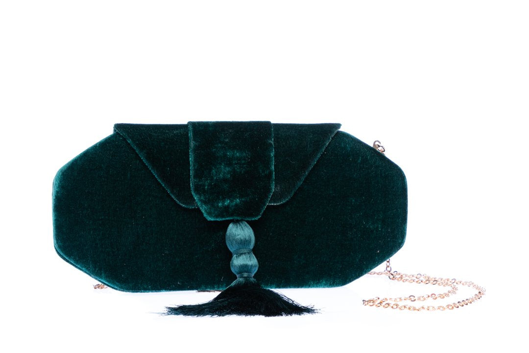 Elegant Forest Green Velvet Octagon Tassel Clutch with brass chain strap and chic tassel, perfect for evening events, weddings, and parties; handmade statement piece with lined interior for essentials like phone, cards, and lipstick.