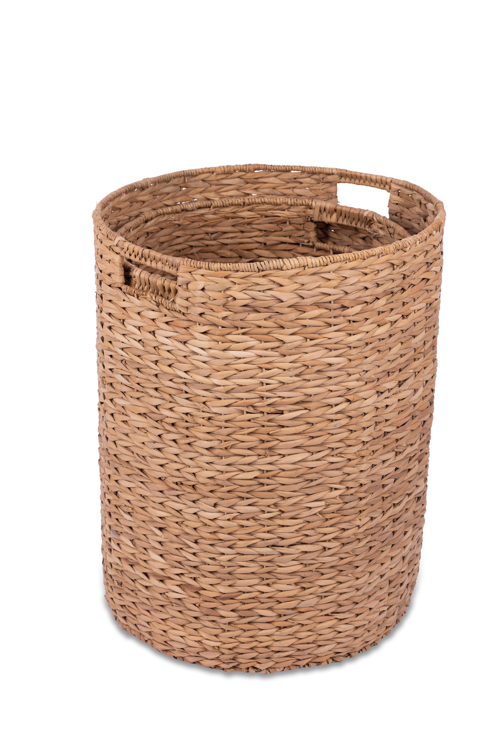 Set of 3 eco-friendly Gianna Basket Hampers, handcrafted from 100% natural plant fibers for stylish and sustainable storage; perfect for organizing laundry, toys, or household items in any room.