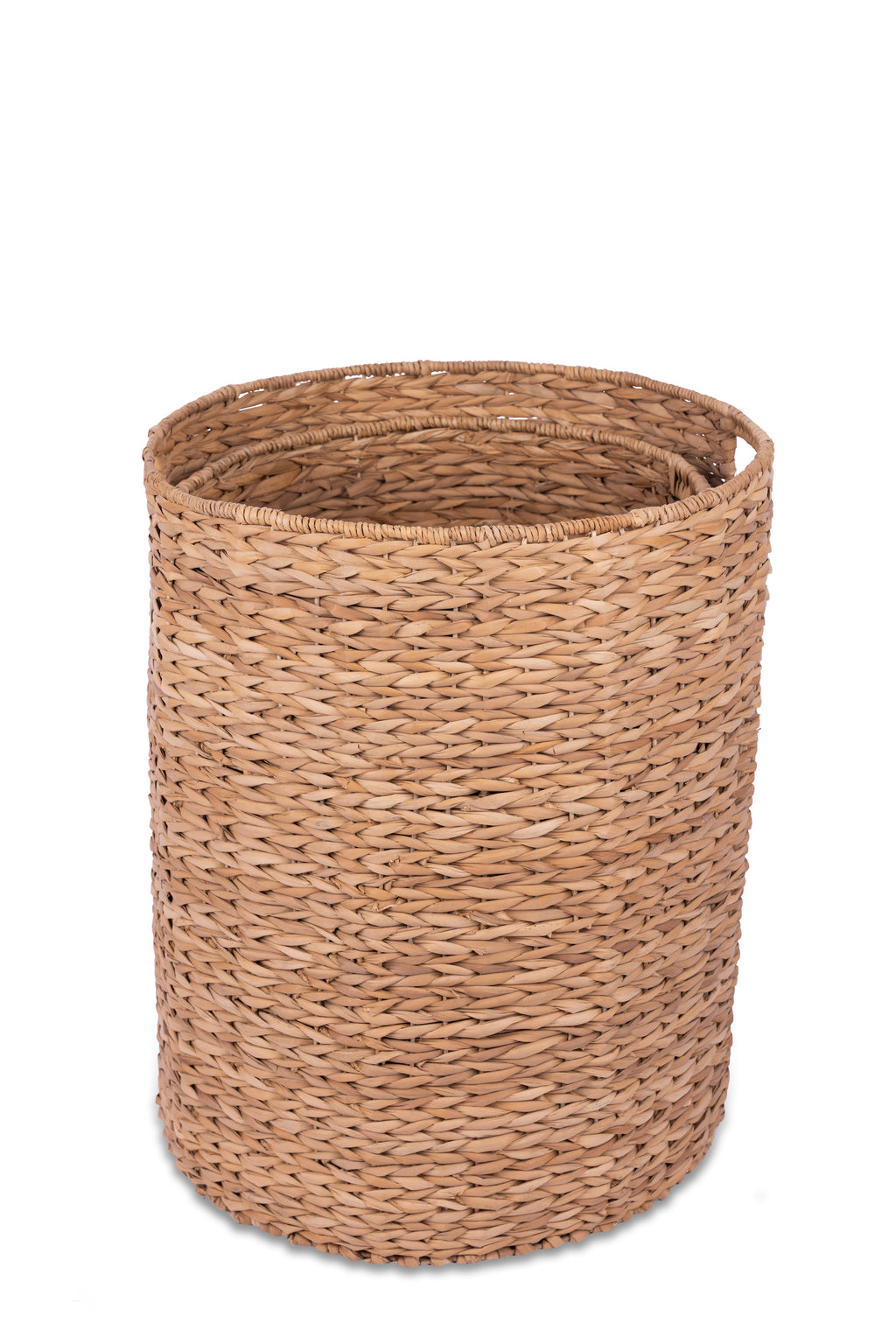 Set of 3 eco-friendly Gianna Basket Hampers, handcrafted from 100% natural plant fibers for stylish and sustainable storage; perfect for organizing laundry, toys, or household items in any room.