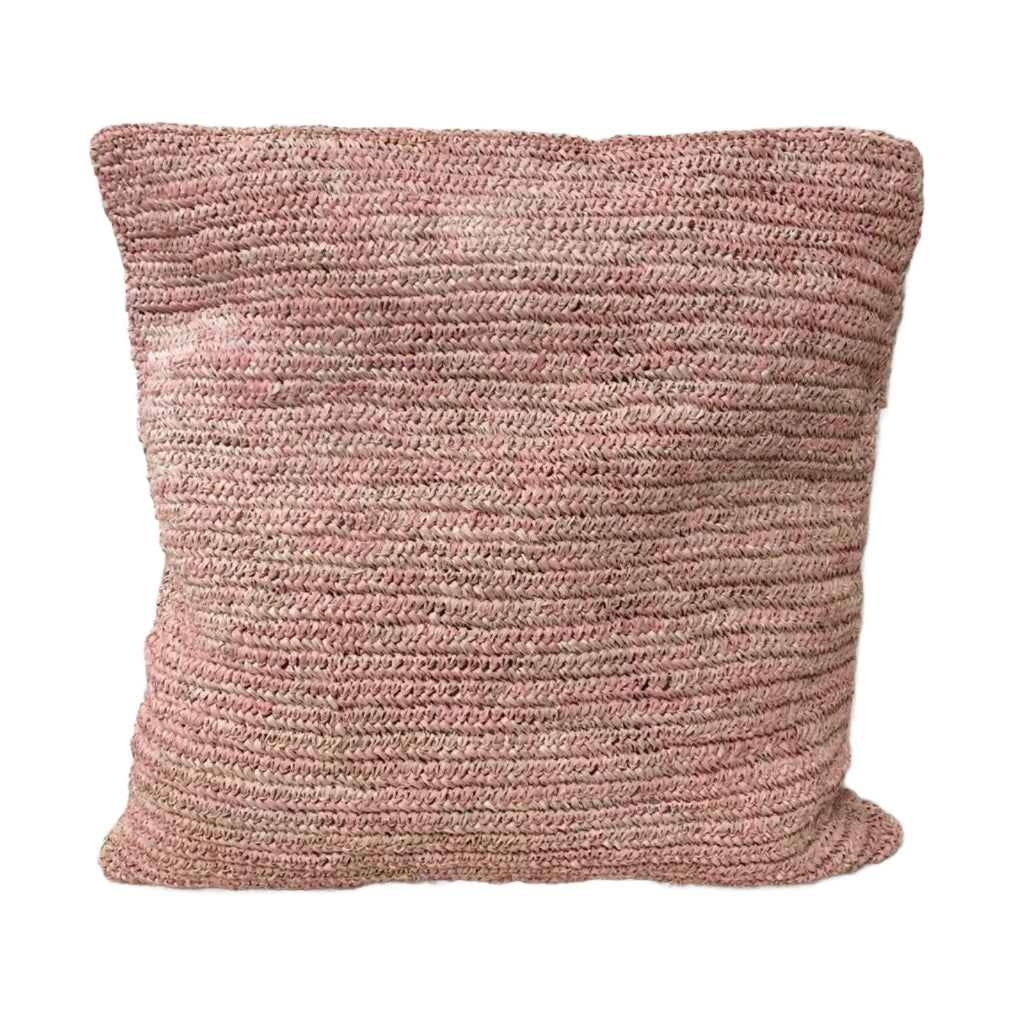 Hand-Crocheted Blush Pink Raffia Pillow Cases - eco-friendly, artisan-crafted pillow covers in natural raffia, perfect for adding modern organic luxury to any living space.
