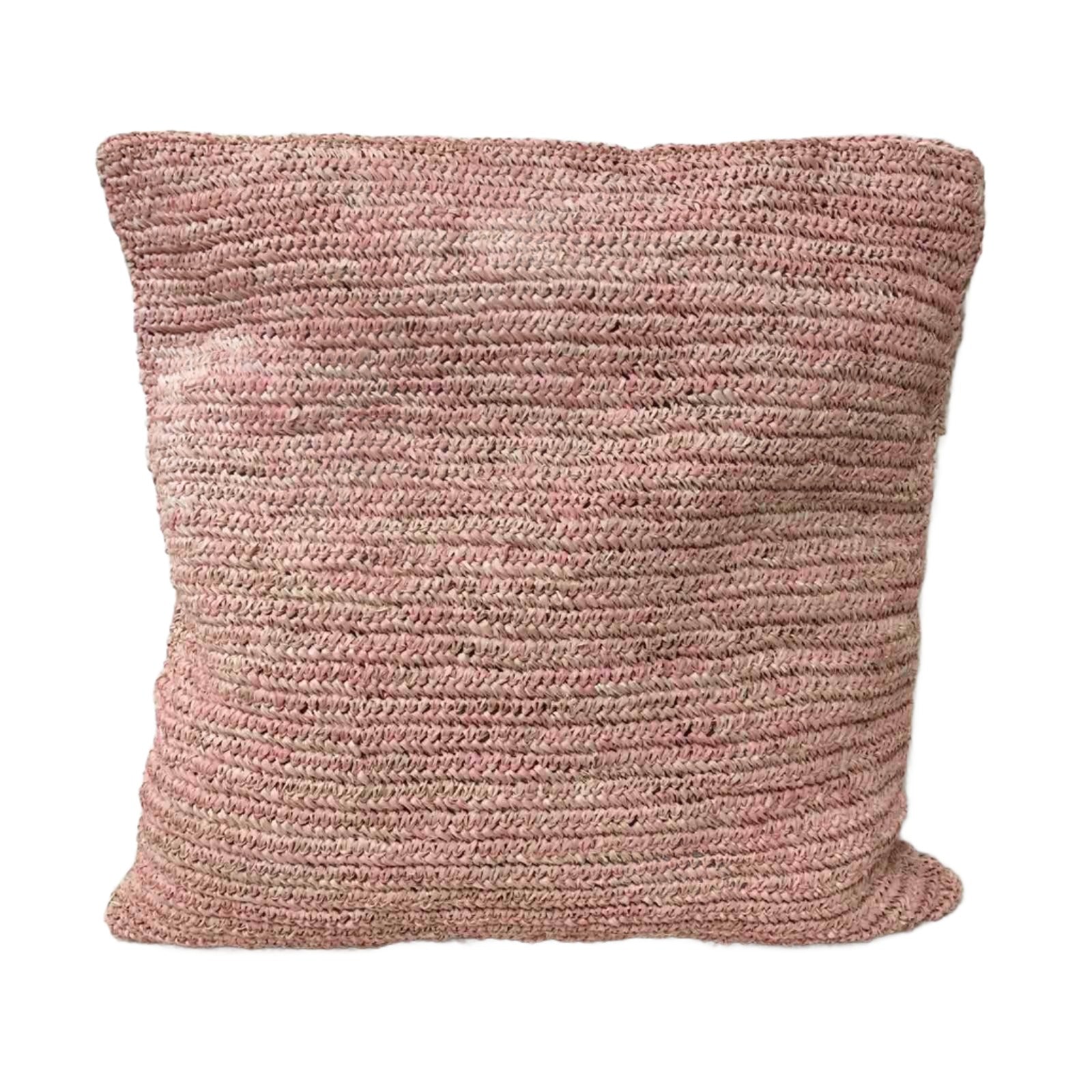 Hand-Crocheted Blush Pink Raffia Pillow Cases - eco-friendly, artisan-crafted pillow covers in natural raffia, perfect for adding modern organic luxury to any living space.