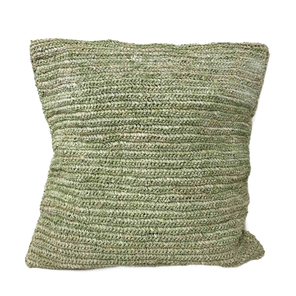 Hand-Crocheted Mint Green Raffia Pillow Cases - eco-friendly, artisan-crafted pillow covers in natural raffia, perfect for adding modern organic luxury to any living space.