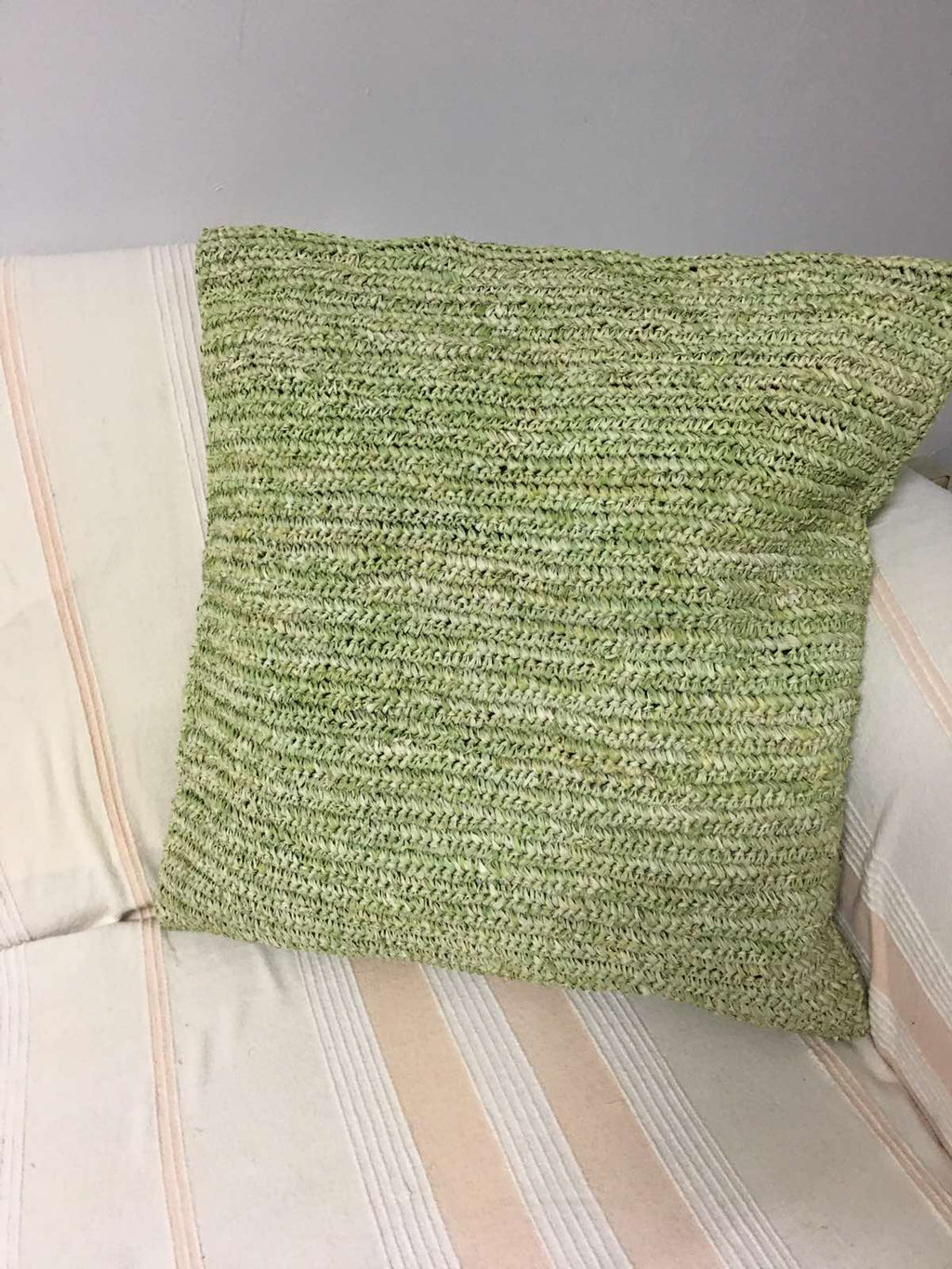 Hand-Crocheted Mint Green Raffia Pillow Cases - eco-friendly, artisan-crafted pillow covers in natural raffia, perfect for adding modern organic luxury to any living space.