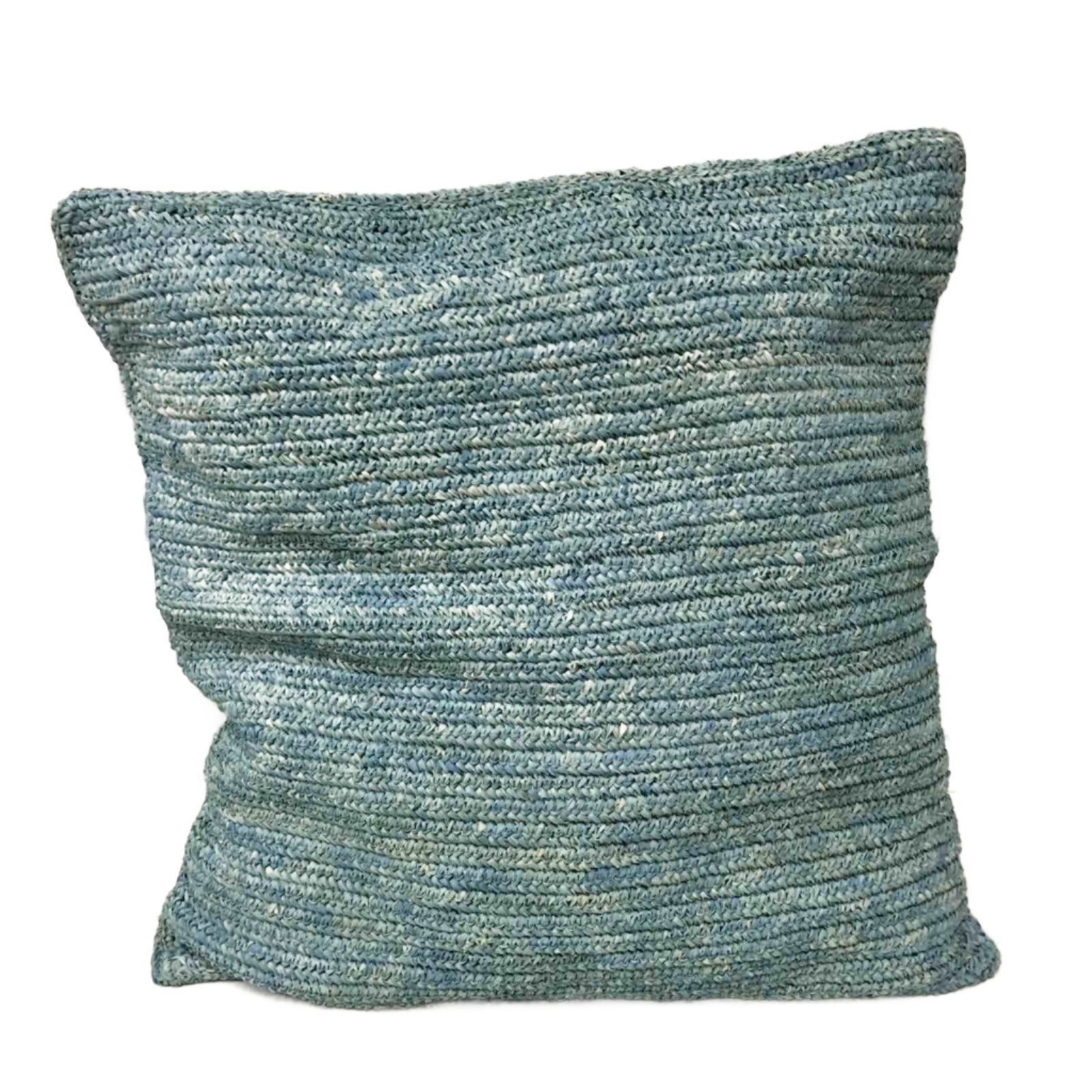Hand-Crocheted Powder Blue Raffia Pillow Case - eco-friendly, artisan-crafted pillow covers in natural raffia, perfect for adding modern organic luxury to any living space.