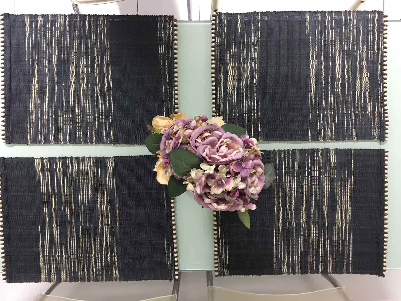 Abi Table Runner and Placemat Set of 6 in Black Ombre, handcrafted from 100% natural plant fiber, featuring a sleek and sustainable design.