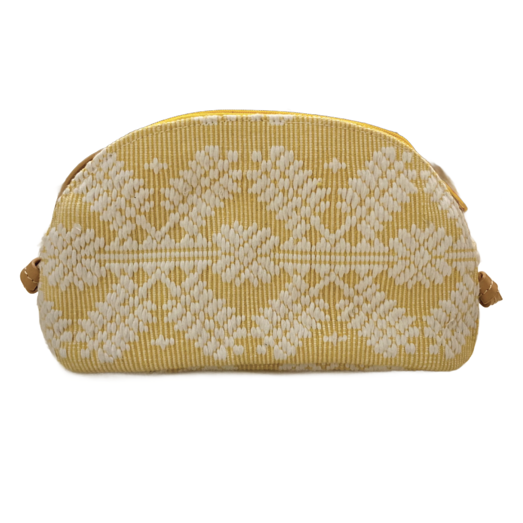 Katrina Abel Sling Bag Yellow Snowflake, crafted from traditional Pinilian Inabel fabric, showcasing vibrant geometric motifs. Handwoven in the Ilocos region, with leather straps for modern functionality and artisan craftsmanship