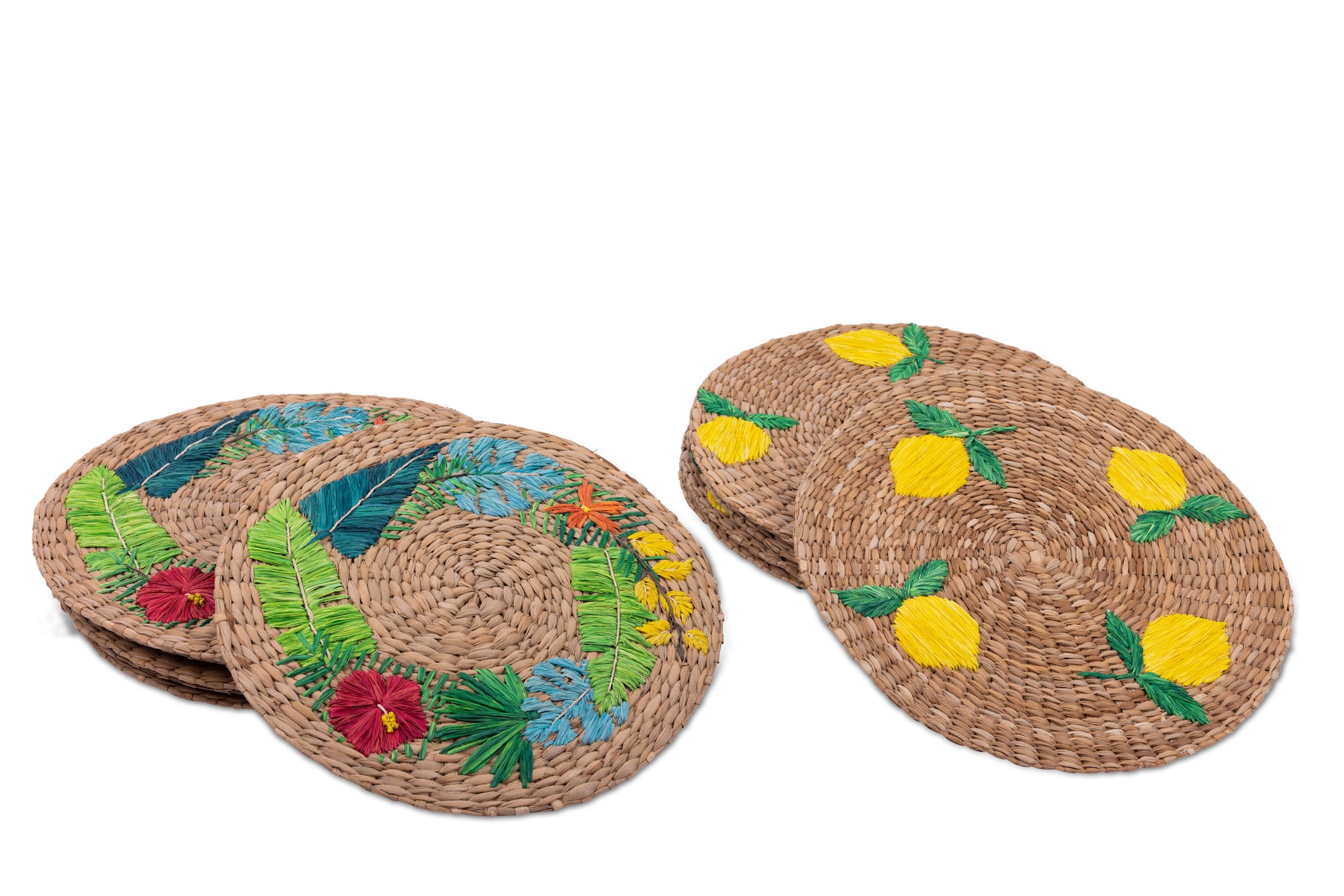 Lorenzo Seagrass Round Placemats set of 6, handcrafted from 100% natural plant fibers with embroidered designs of lemons and tropical leaves. Eco-friendly, durable, and stylish, perfect for enhancing your dining table decor.