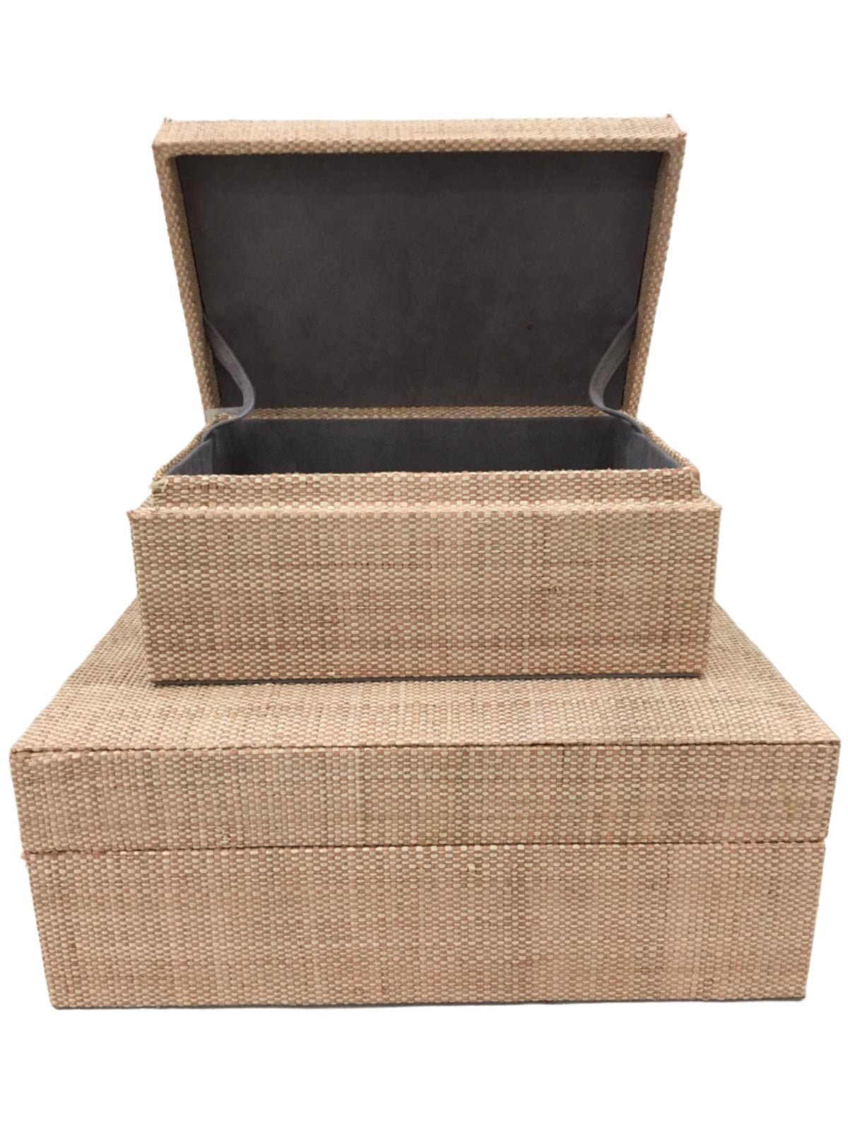 Organize in style with the Sophia Simple Storage Boxes Set of 2. Made from 100% natural plant fiber and lined with luxurious faux suede, these eco-friendly boxes blend sustainability with elegance for a tidy, chic space.