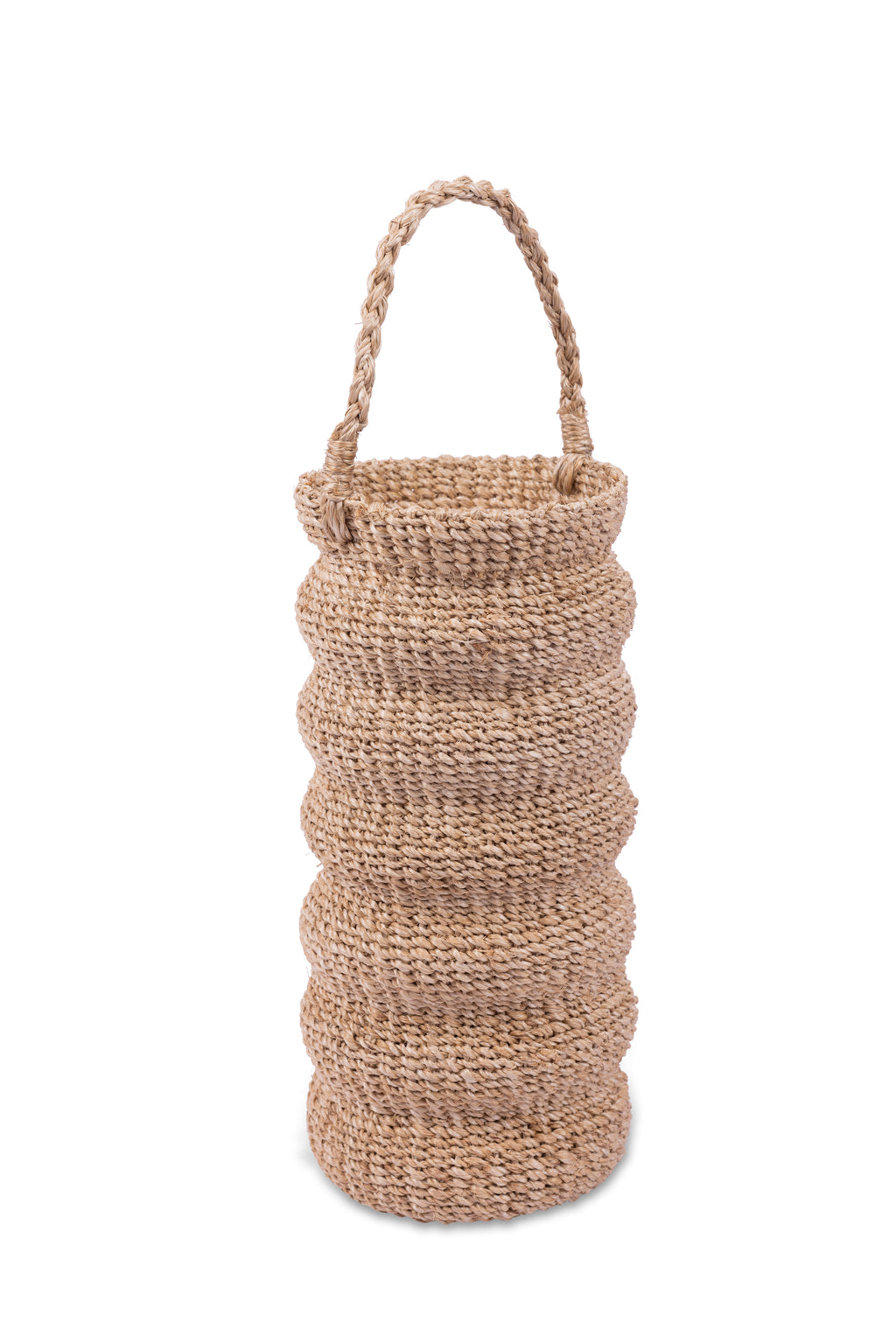 Handcrafted Demi Wine Bottle Carrier made from 100% natural plant fiber, designed to fit standard wine bottles and tall flasks. Eco-friendly wine carrier for gatherings, decor, or gifting, adding charm and sustainability to any setting.