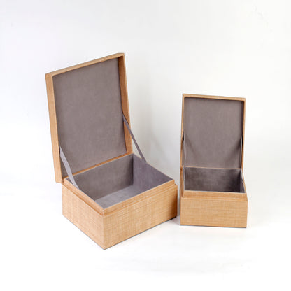 Elegant Hanny Simple Storage Boxes crafted from 100% natural plant fiber with faux suede inner lining, perfect for organizing books, remote controls, jewelry, and everyday essentials while enhancing your home decor.