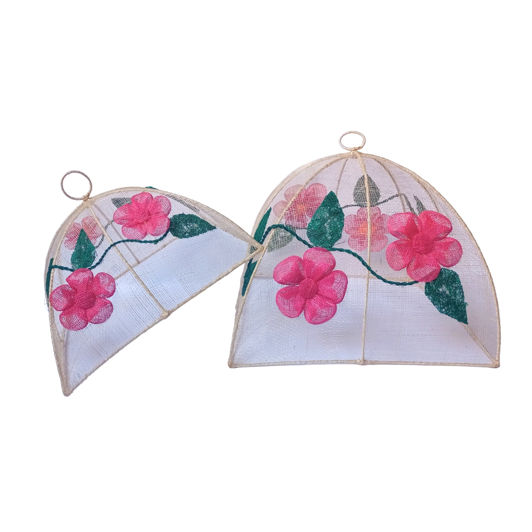 Julieta Woven Floral Food Covers Set of two sizes, crafted from 100% natural plant fibers with vibrant embroidered designs. Eco-friendly, stylish covers for indoor and outdoor dining.