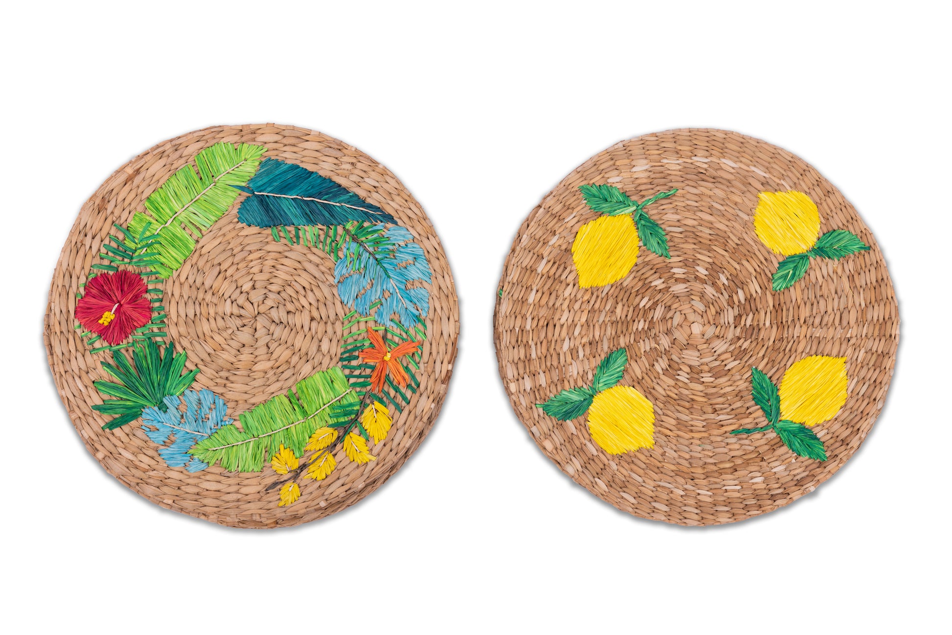 Lorenzo Seagrass Round Placemats set of 6, handcrafted from 100% natural plant fibers with embroidered designs of lemons and tropical leaves. Eco-friendly, durable, and stylish, perfect for enhancing your dining table decor.