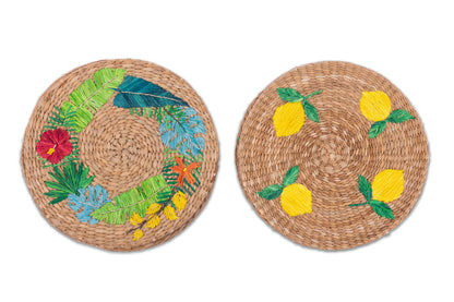Lorenzo Seagrass Round Placemats set of 6, handcrafted from 100% natural plant fibers with embroidered designs of lemons and tropical leaves. Eco-friendly, durable, and stylish, perfect for enhancing your dining table decor.