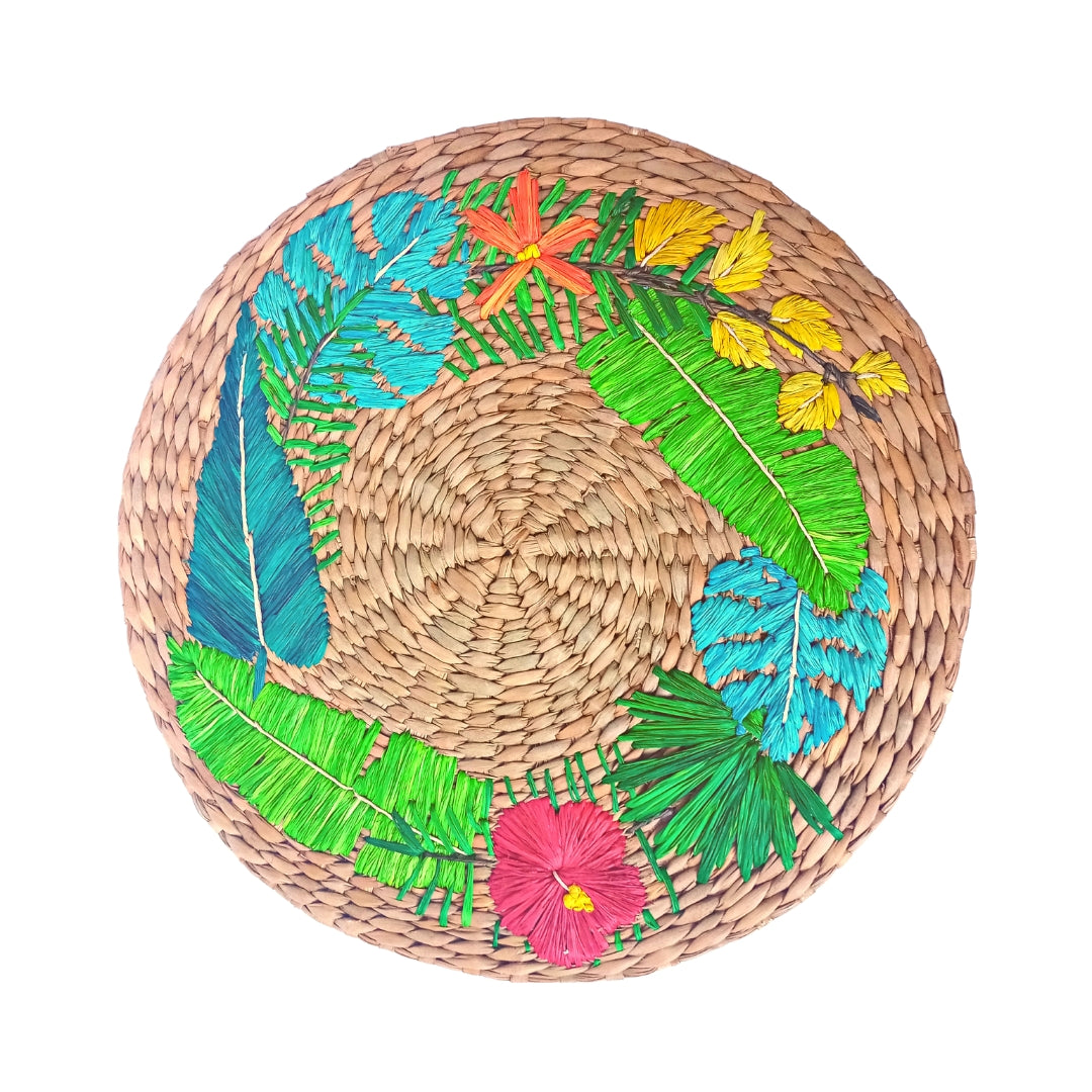 Lorenzo Tropical Seagrass Round Placemats set of 6, handcrafted from 100% natural plant fibers with embroidered designs of lemons and tropical leaves. Eco-friendly, durable, and stylish, perfect for enhancing your dining table decor.