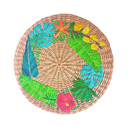 Lorenzo Tropical Seagrass Round Placemats set of 6, handcrafted from 100% natural plant fibers with embroidered designs of lemons and tropical leaves. Eco-friendly, durable, and stylish, perfect for enhancing your dining table decor.