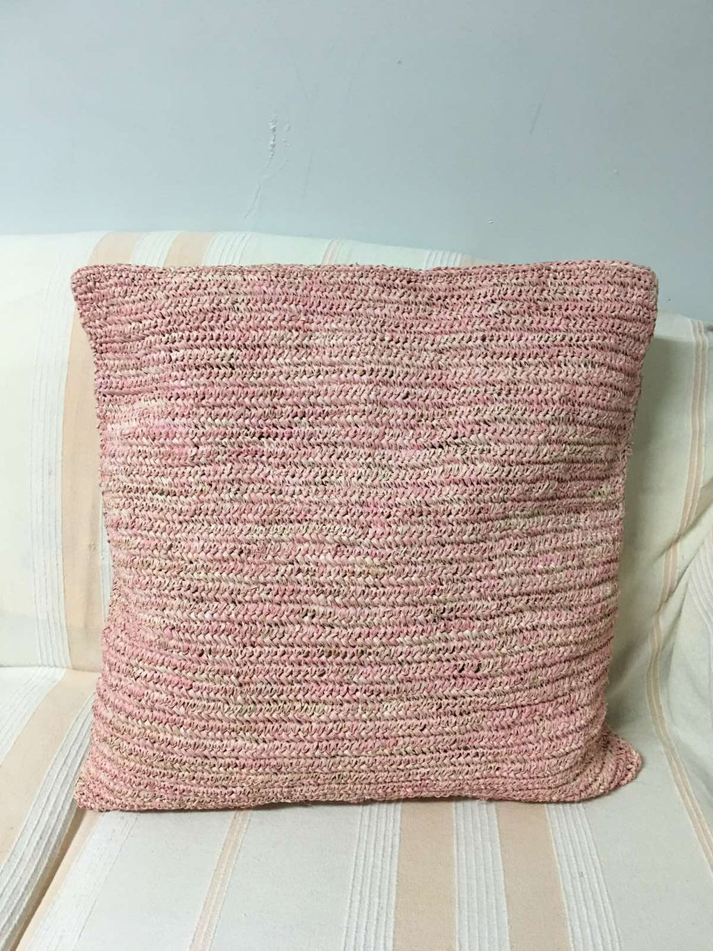 Hand-Crocheted Blush Pink Raffia Pillow Cases - eco-friendly, artisan-crafted pillow covers in natural raffia, perfect for adding modern organic luxury to any living space.