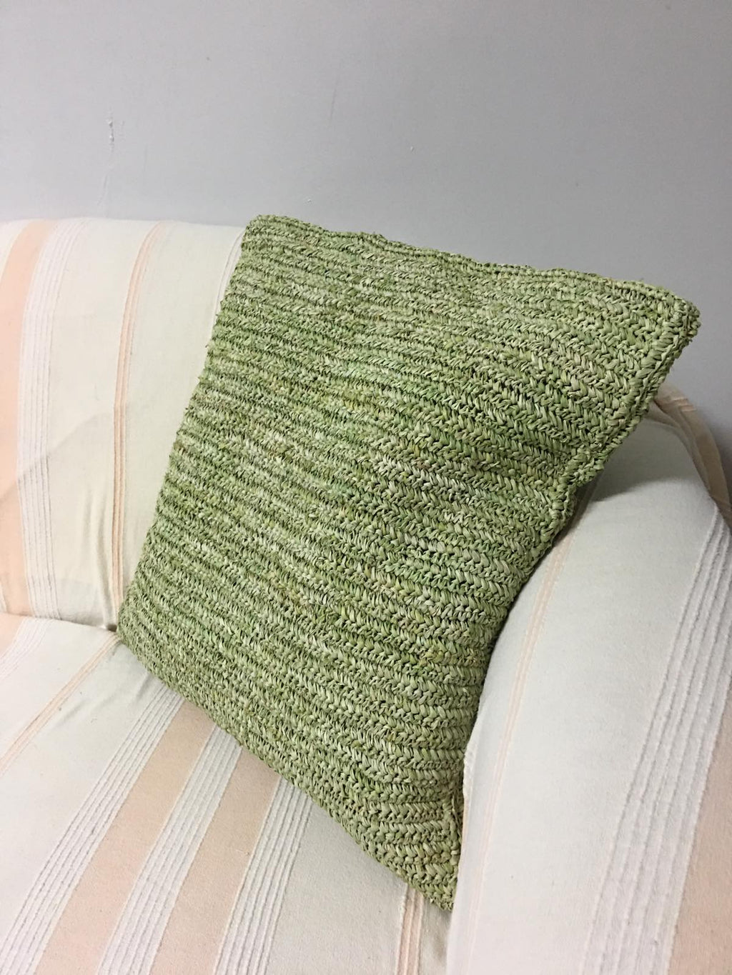Hand-Crocheted Mint Green Raffia Pillow Cases - eco-friendly, artisan-crafted pillow covers in natural raffia, perfect for adding modern organic luxury to any living space.
