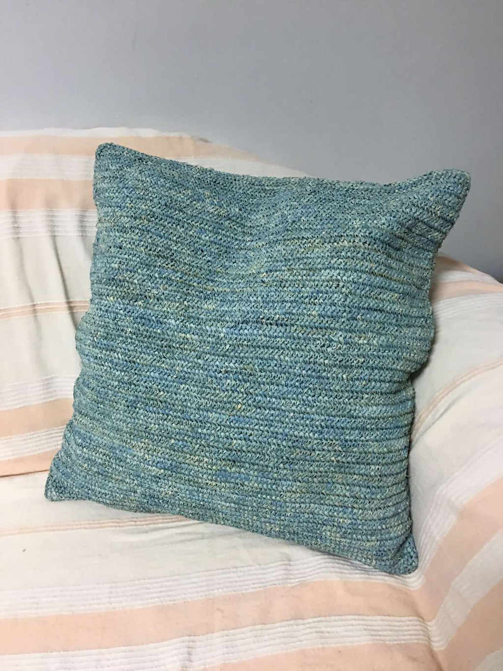 Hand-Crocheted Powder Blue Raffia Pillow Case - eco-friendly, artisan-crafted pillow covers in natural raffia, perfect for adding modern organic luxury to any living