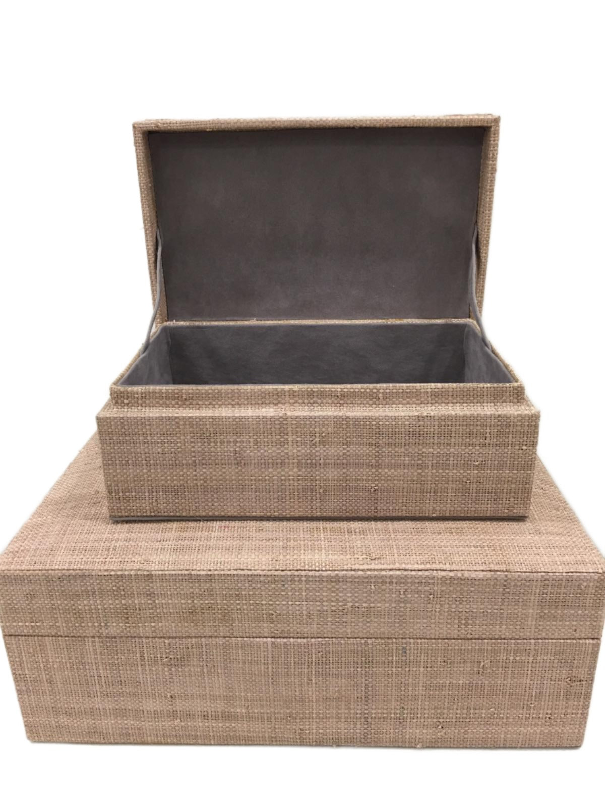 Elegant Hanny Simple Storage Boxes crafted from 100% natural plant fiber with faux suede inner lining, perfect for organizing books, remote controls, jewelry, and everyday essentials while enhancing your home decor.