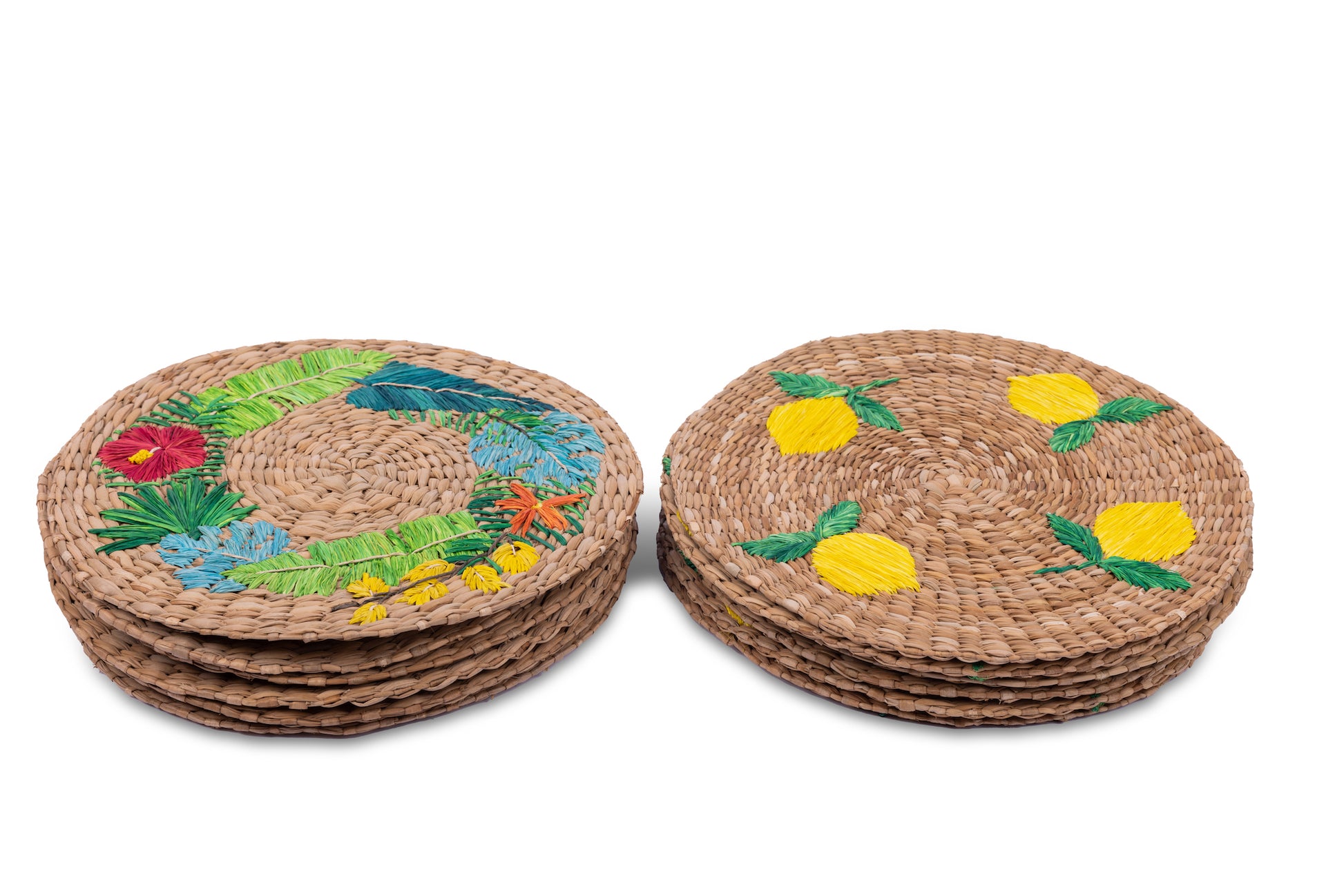 Lorenzo Seagrass Round Placemats set of 6, handcrafted from 100% natural plant fibers with embroidered designs of lemons and tropical leaves. Eco-friendly, durable, and stylish, perfect for enhancing your dining table decor.